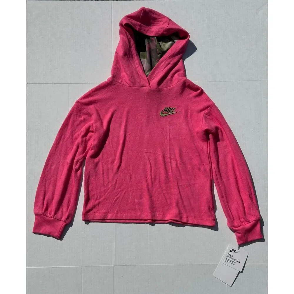 NWT Nike Girls Pullover Hoodie and Leggings Set Pink Olive - Size 5
